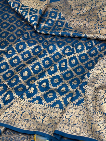 German Blue Banarasi Pure Katan Silk Saree