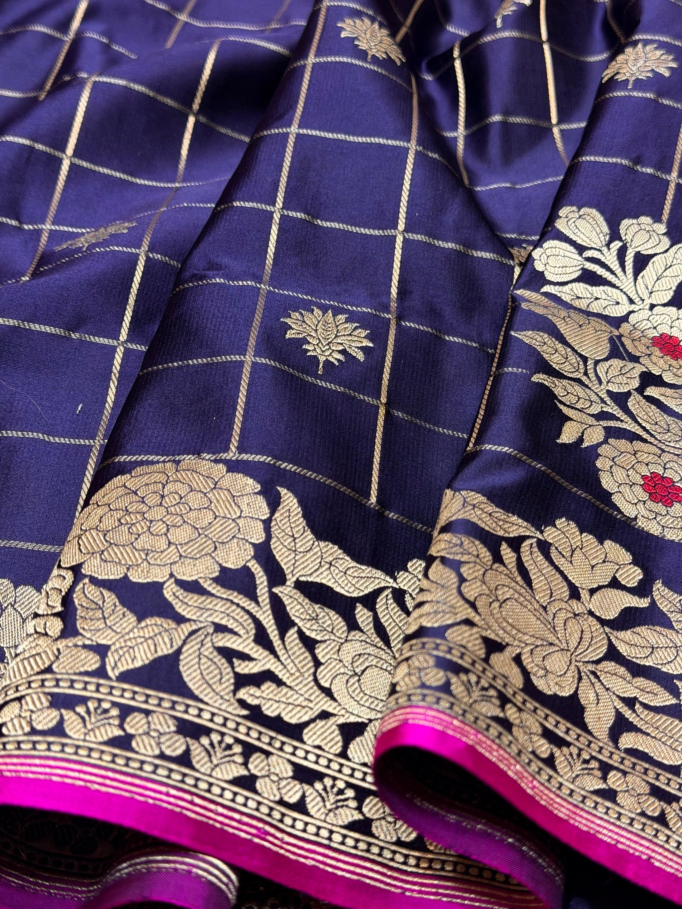 Purple Handwoven Pure Banarasi Mashru Satin Silk Saree – Kadwa Weave | Pure Satin Silk | Luxury Check Pattern