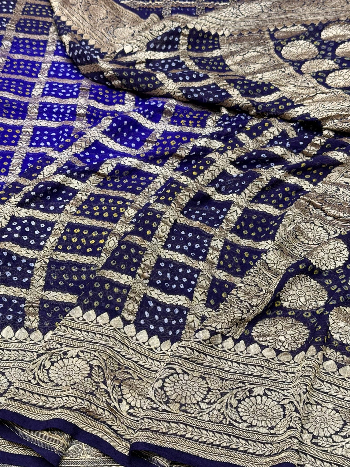 Navy Blue Banarasi Pure Bandhej Georgette Saree – Luxury Cutwork Brocade Festive Saree