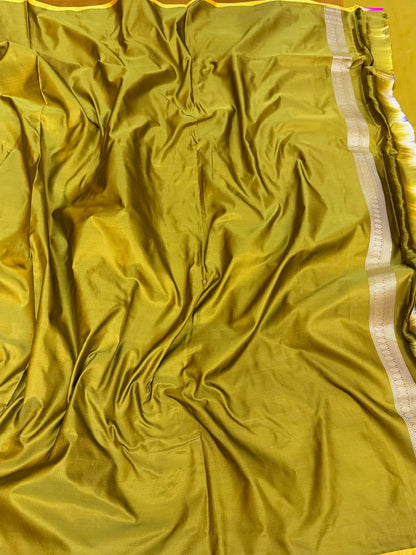 Mustard Yellow Handwoven Pure Banarasi Satin Tanchoi Silk Saree