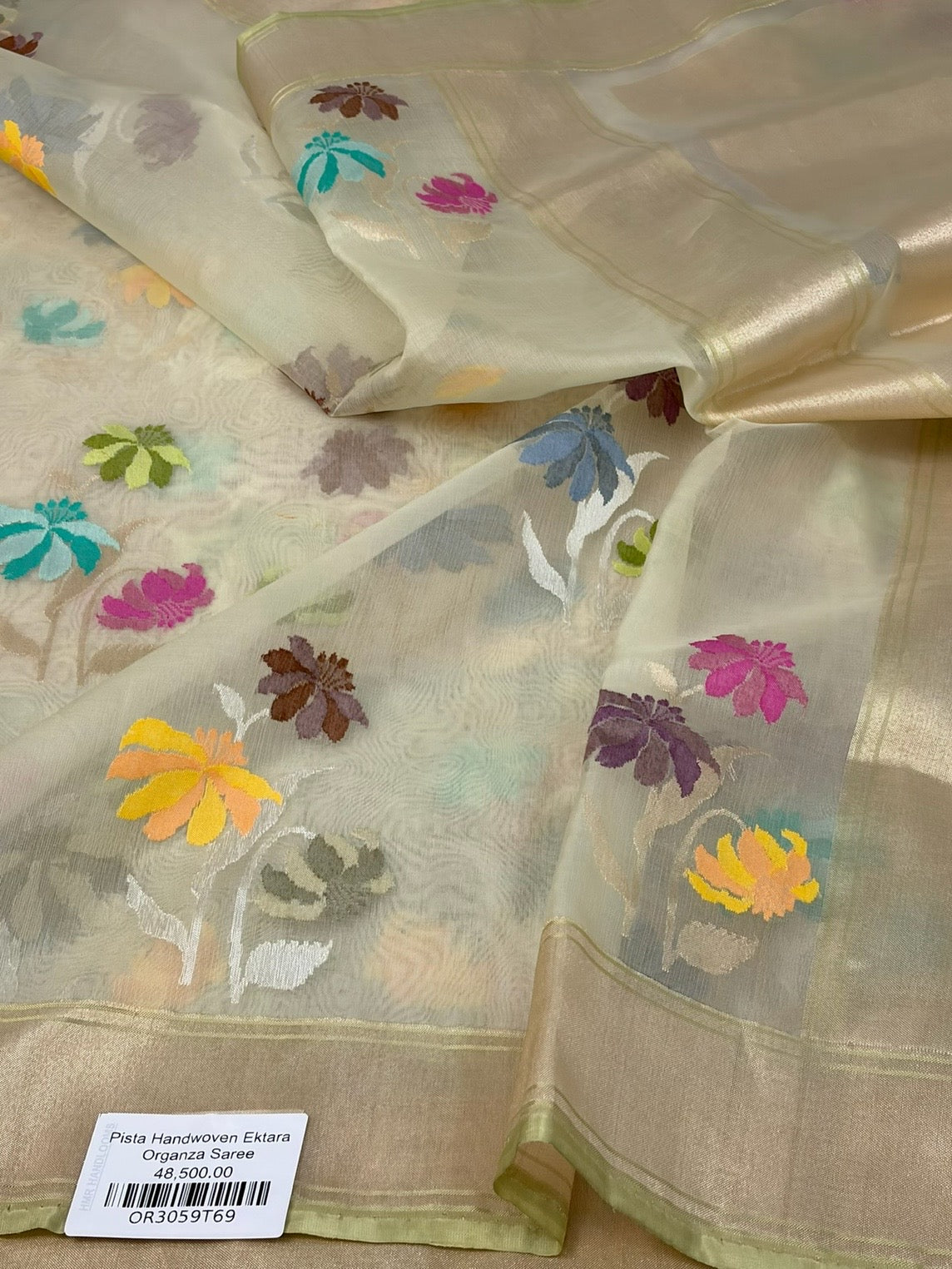 Pista Handwoven Pure Banarasi Kora Jamdani Silk Saree