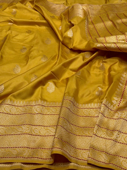 Mustard Yellow Handwoven Pure Banarasi Ektara Silk Saree – Authentic Kadwa Weave