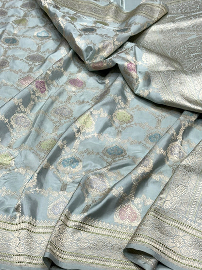 Powder Blue Handwoven Pure Banarasi Silk Saree