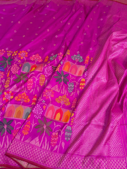 Rani Pink Handwoven Banarasi Pure Katan Jamdani Saree