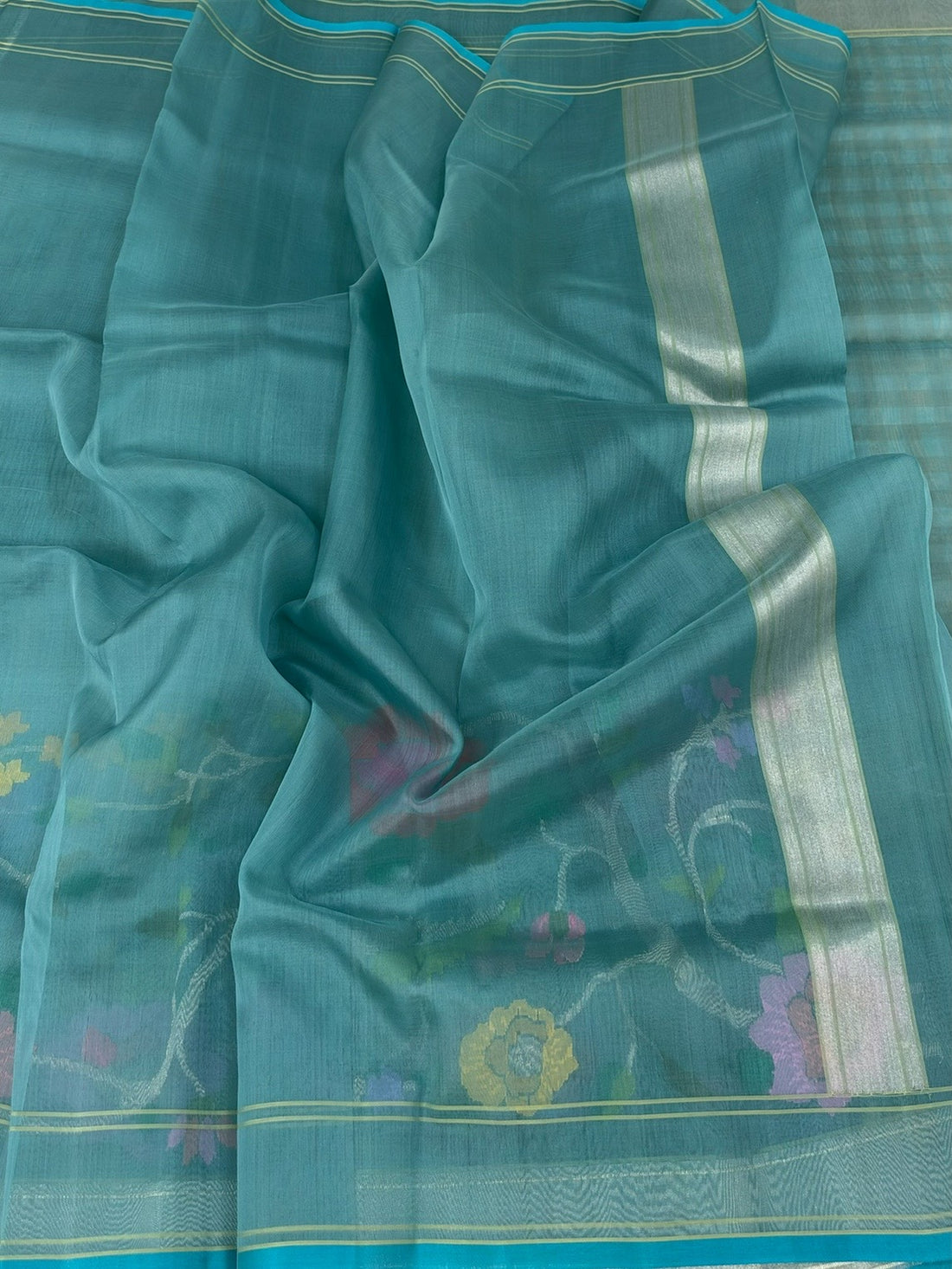 Teal Blue Handwoven Pure Banarasi Kora Jamdani Silk Saree