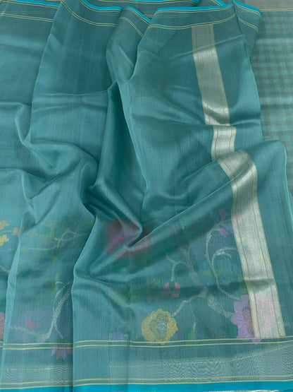 Teal Blue Handwoven Pure Banarasi Kora Jamdani Silk Saree