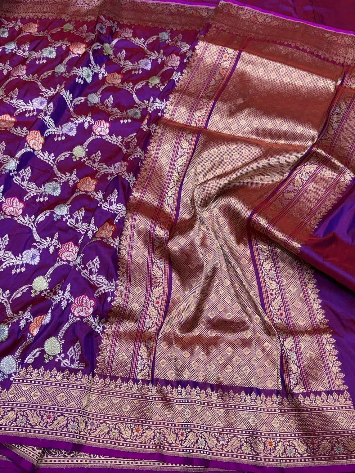 Purple Pink Handwoven Pure Banarasi Silk Saree in Kadwa Weave – 100% Katan Mulberry Silk