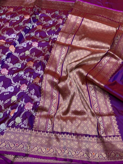 Purple Pink Handwoven Pure Banarasi Silk Saree in Kadwa Weave – 100% Katan Mulberry Silk