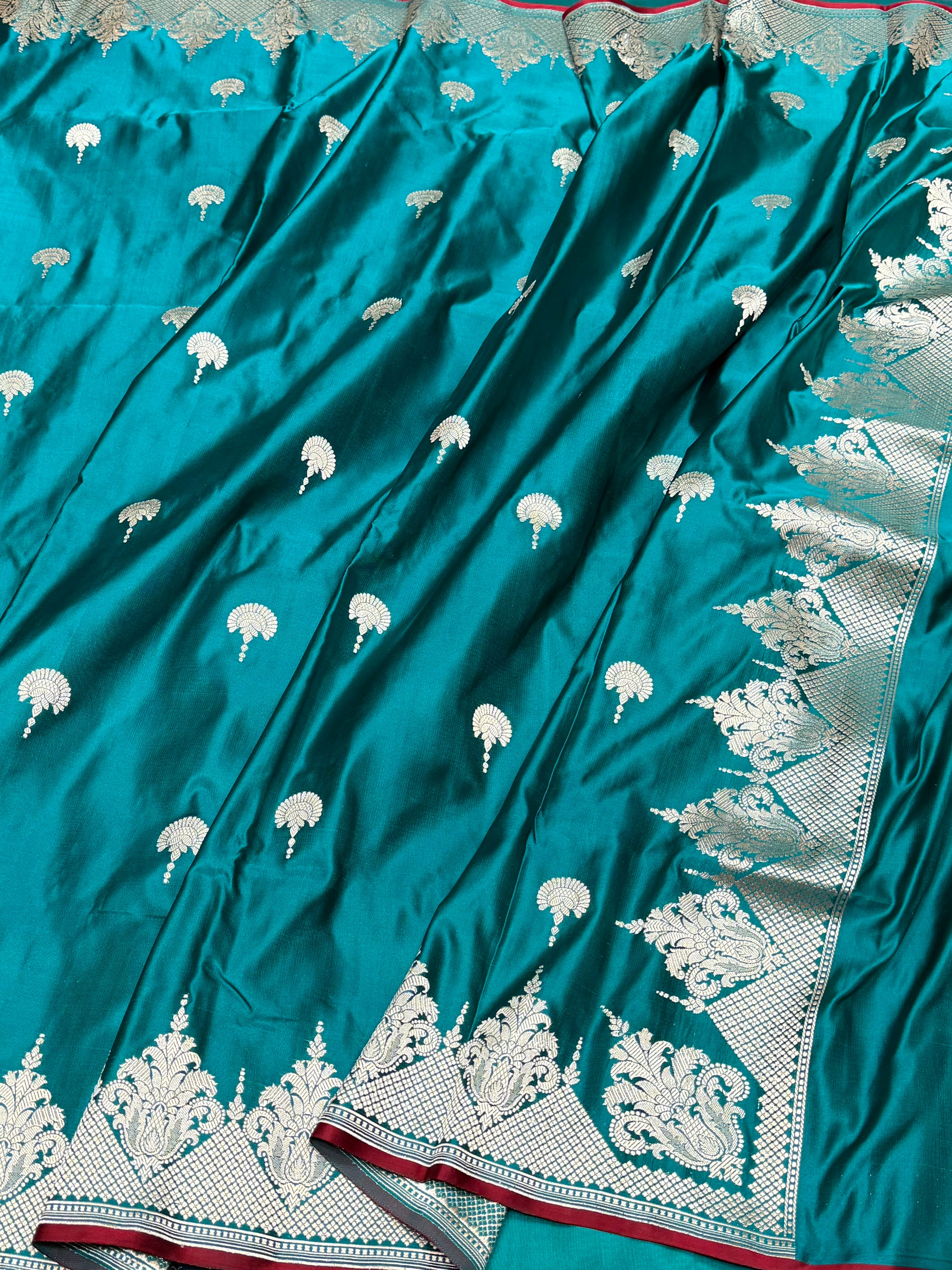 Teal Green Handwoven Pure Mashru Banarasi Satin Silk Saree – Kadwa Weave | Authentic Banaras Handloom