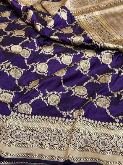 Purple Handwoven Pure Banarasi Silk Saree – Kadwa Weave in 100% Katan Mulberry Silk