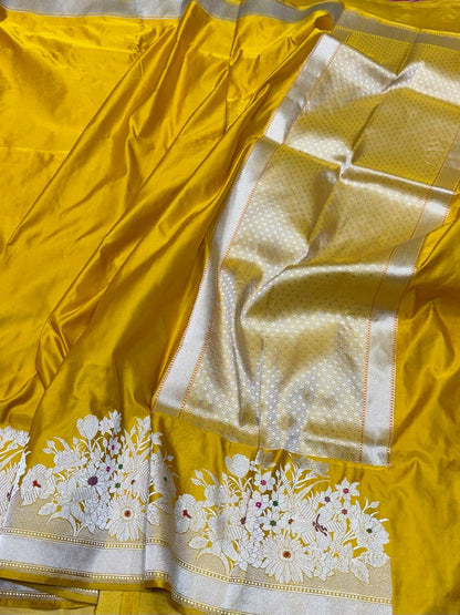Yellow Handwoven Pure Banarasi Satin Silk Saree – Kadwa Weave | 100% Pure Satin Silk | Authentic Banaras Handloom