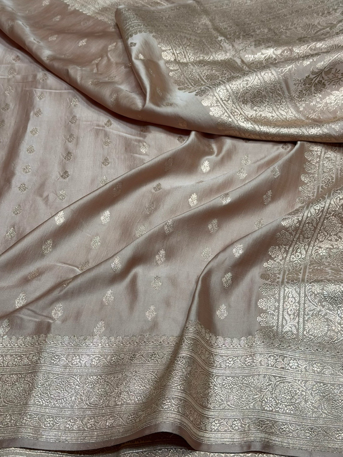 Mushroom Beige Handwoven Vintage Pure Banarasi Satin Silk Saree
