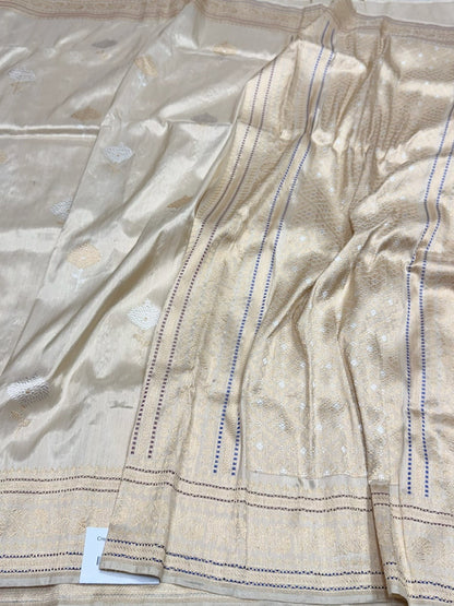 Cream Handwoven Pure Banarasi Tissue Silk Saree