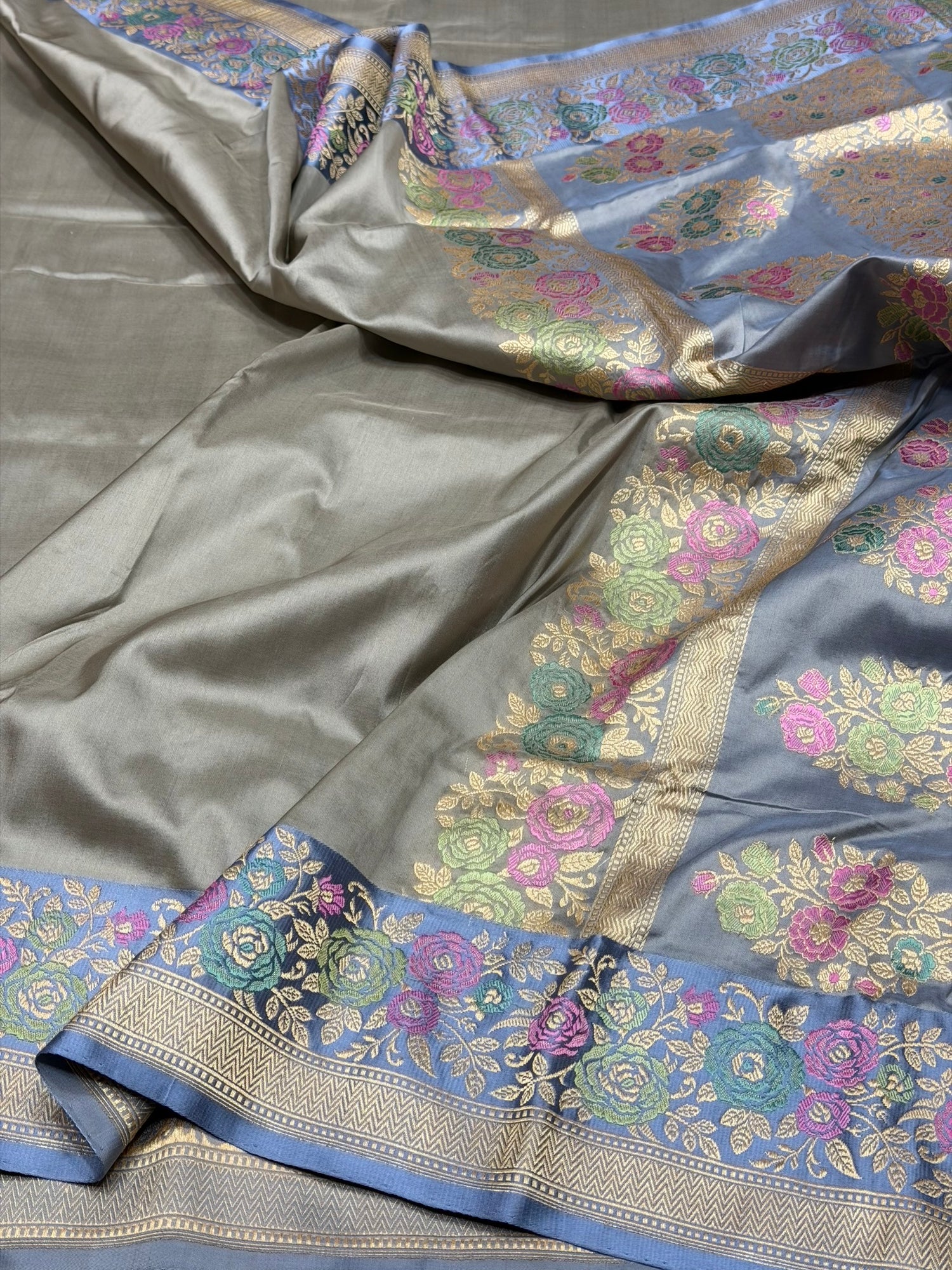 Ash Grey Handwoven Pure Banarasi Silk Saree in Kadwa Weave | Authentic Katan Mulberry Silk