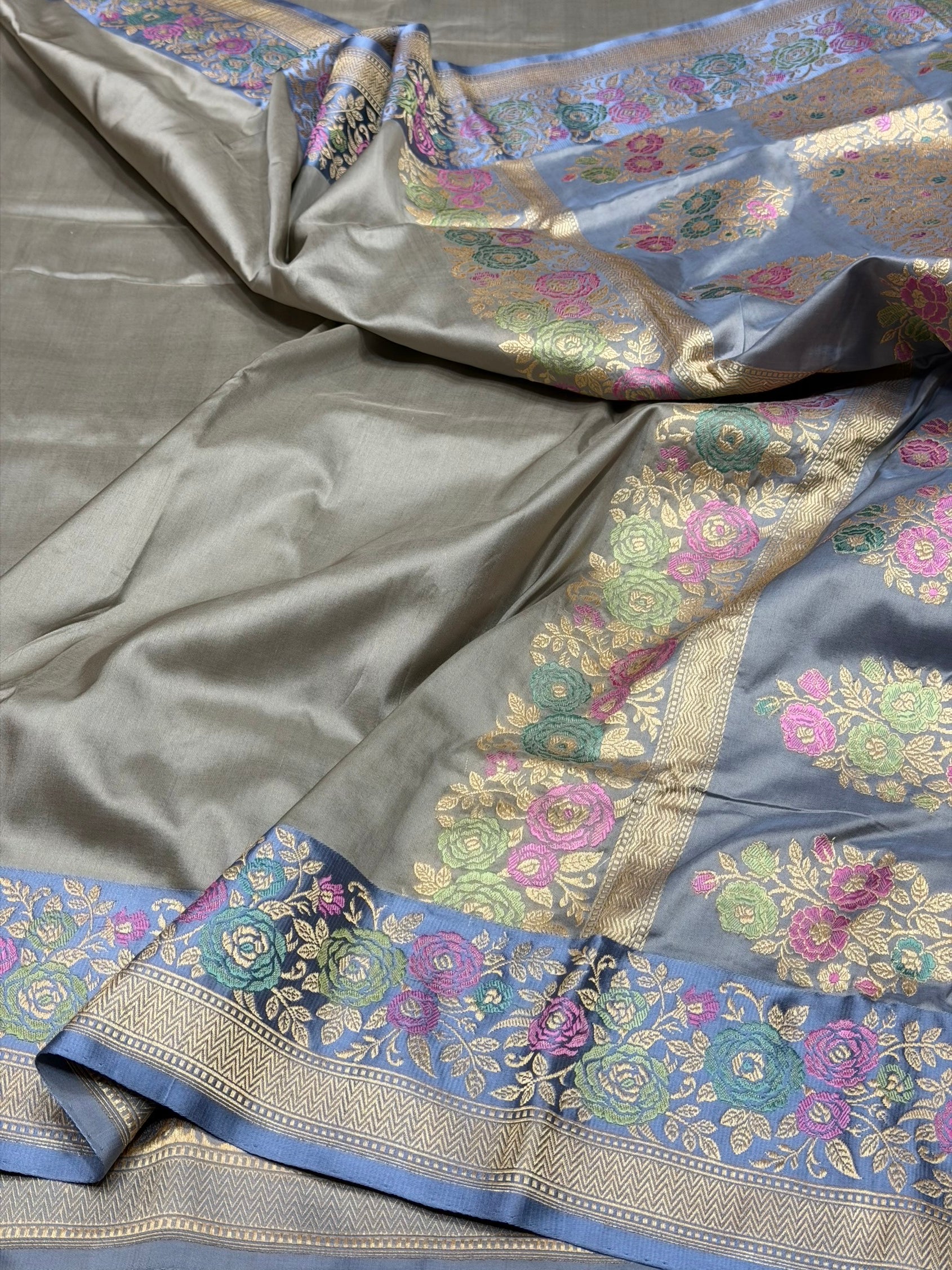 Ash Grey Handwoven Pure Banarasi Silk Saree in Kadwa Weave | Authentic Katan Mulberry Silk