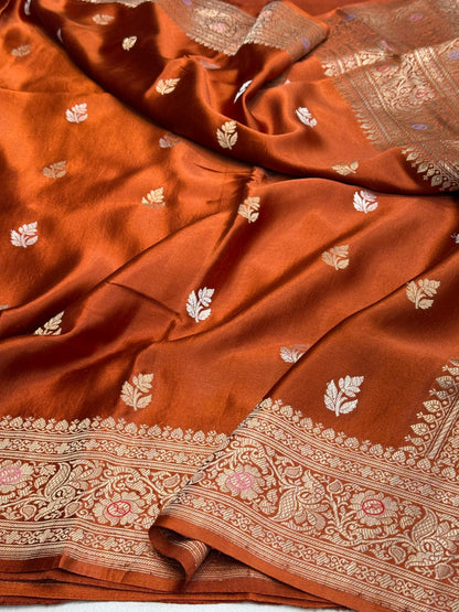 Rust Orange Handwoven Pure Mashru Banarasi Satin Silk Saree – Kadwa Weave | Authentic Banaras Handloom