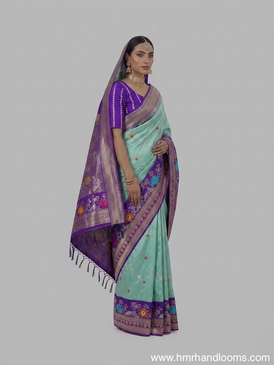 Sea Green Handwoven Pure Banarasi Ektara Silk Saree – Luxury Kadwa Weave