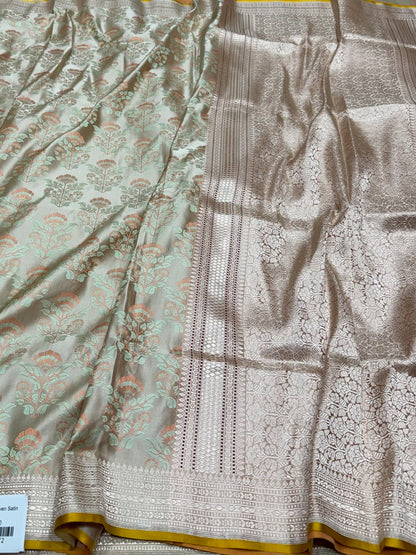 Tussar Handwoven Pure Banarasi Satin Tanchoi Silk Saree
