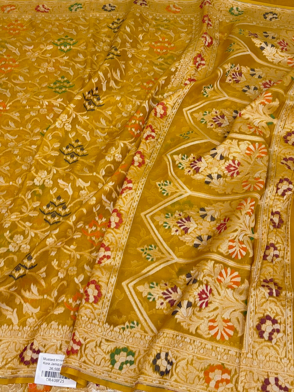 Mustard Yellow Banarasi Pure Kora Jamdani Saree