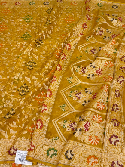 Mustard Yellow Banarasi Pure Kora Jamdani Saree