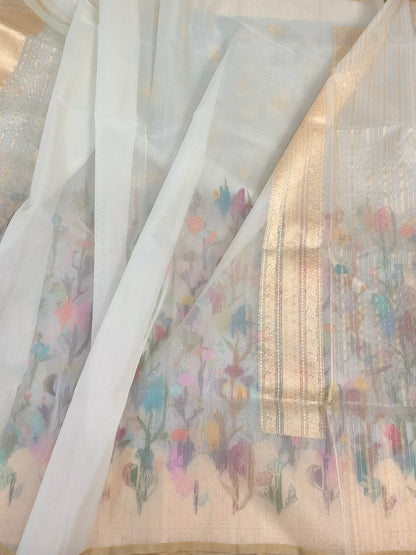 White Handwoven Pure Banarasi Kora Jamdani Silk Saree