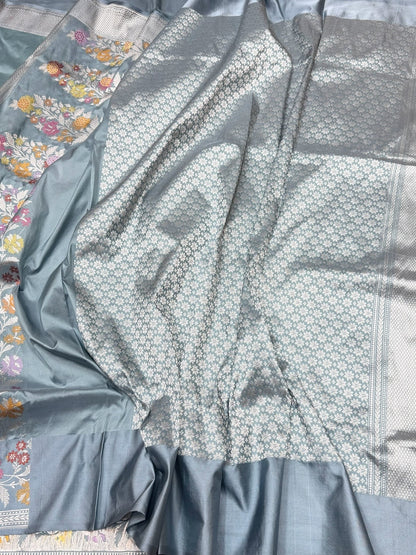 Grey Handwoven Pure Banarasi Silk Saree in Kadwa Weave | Authentic Katan Mulberry Silk