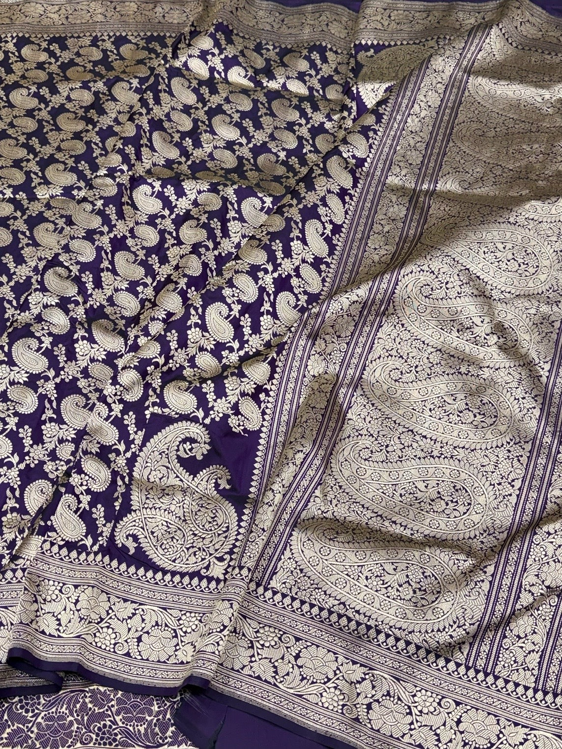 Purple Handwoven Pure Banarasi Silk Saree – Kadwa Weave in 100% Katan Mulberry Silk