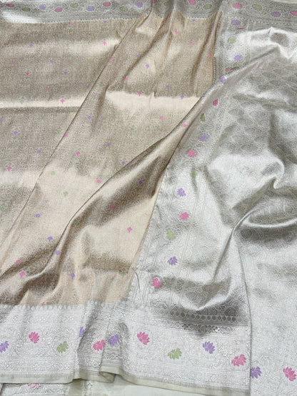 Cream Handwoven Pure Banarasi Tissue Silk Saree