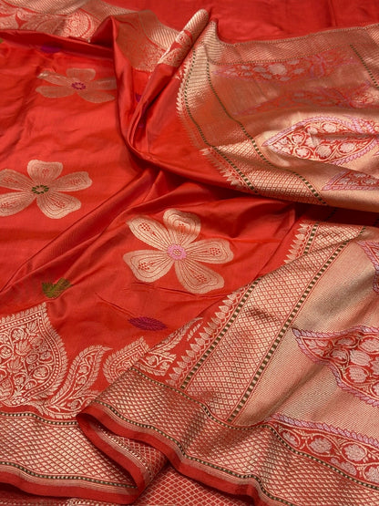 Orange Handwoven Pure Banarasi Ektara Silk Saree