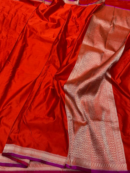 Orange Handwoven Pure Banarasi Mashru Satin Silk Saree – Kadwa Weave in 100% Satin Silk