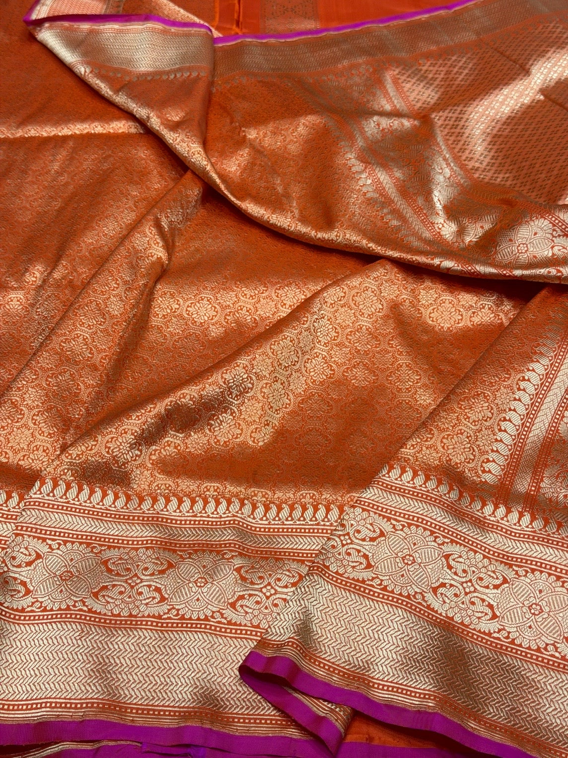 Orange Pure Banarasi Silk Brocade Saree in Katan Mulberry Silk – Classic Banaras Weave