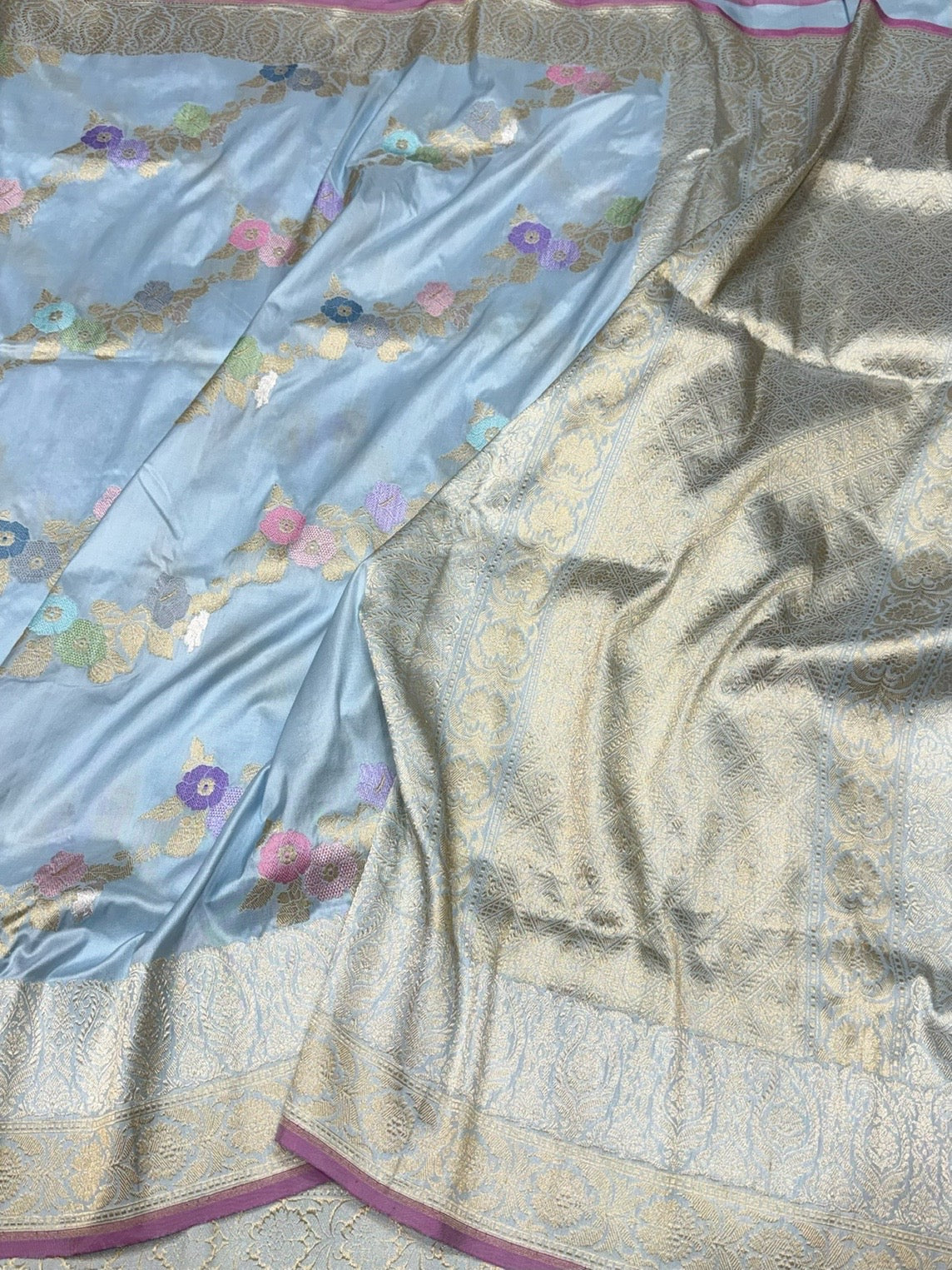 Sky Blue Handwoven Pure Banarasi Silk Saree
