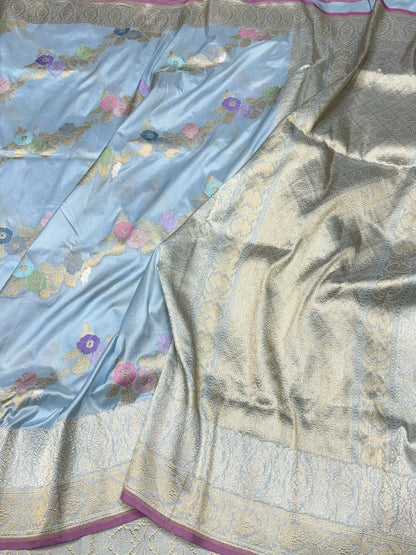 Sky Blue Handwoven Pure Banarasi Silk Saree