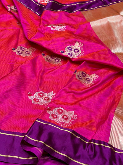 Orangish Pink Handwoven Pure Banarasi Satin Tanchoi Silk Saree