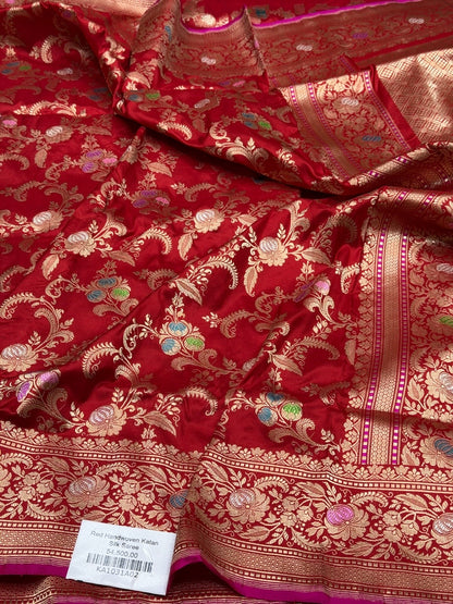 Red Handwoven Pure Banarasi Silk Saree | Pure Katan Silk | Kadwa Weave | HMR Handlooms