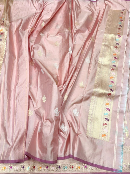 Pastel Peach Handwoven Pure Banarasi Silk Saree – Luxury Kadwa Handloom Wedding &amp; Festive Saree