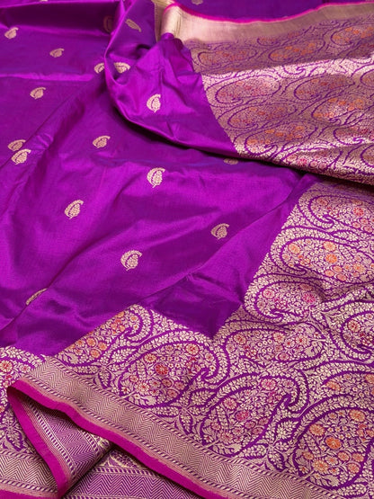 Magenta Pink Handwoven Pure Banarasi Silk Saree in Kadwa Weave | Authentic Katan Mulberry Silk