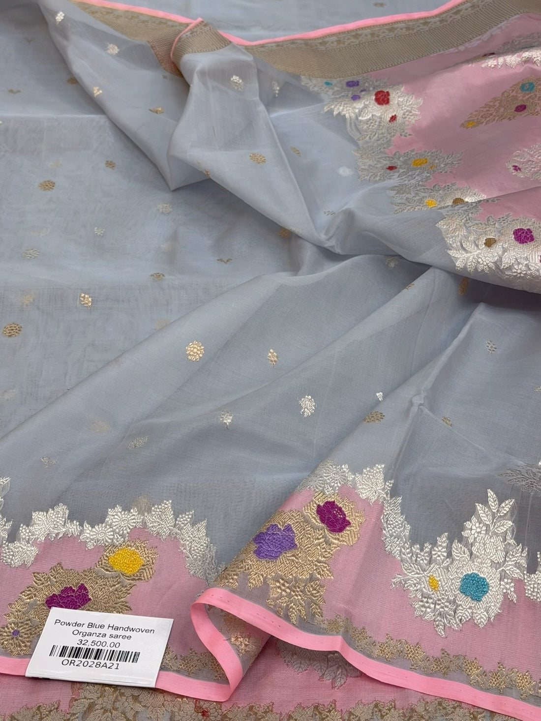 Powder Blue Handwoven Pure Organza Silk Saree