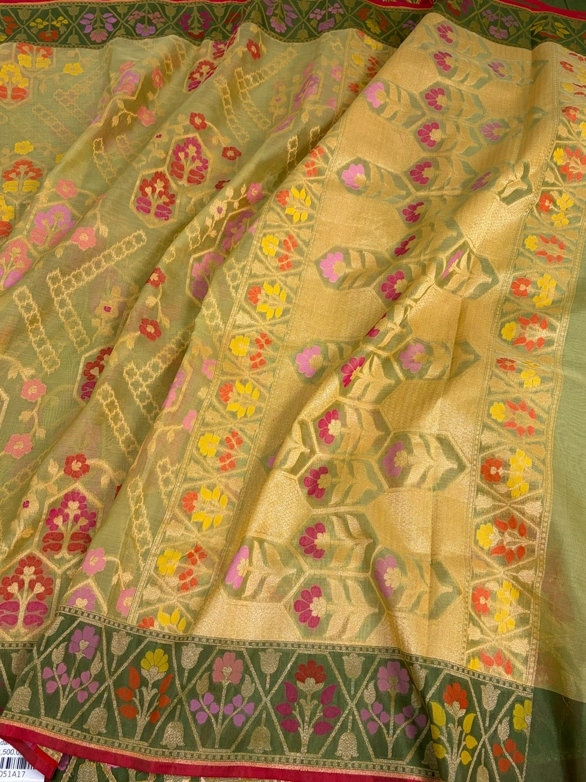 Pista Banarasi Pure Kora Jamdani Saree