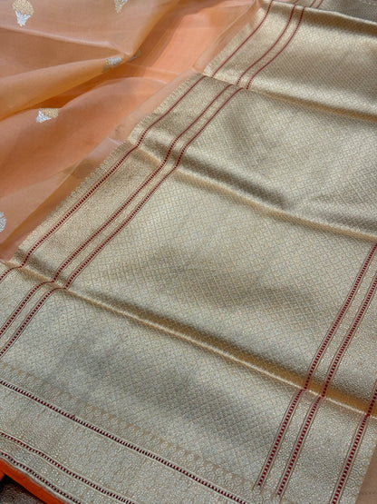 Peach Orange Handwoven Pure Organza Silk Saree