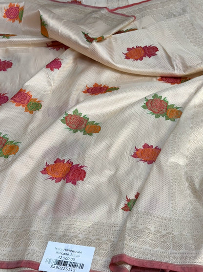Ivory Handwoven Pure Banarasi Brocade Silk Saree