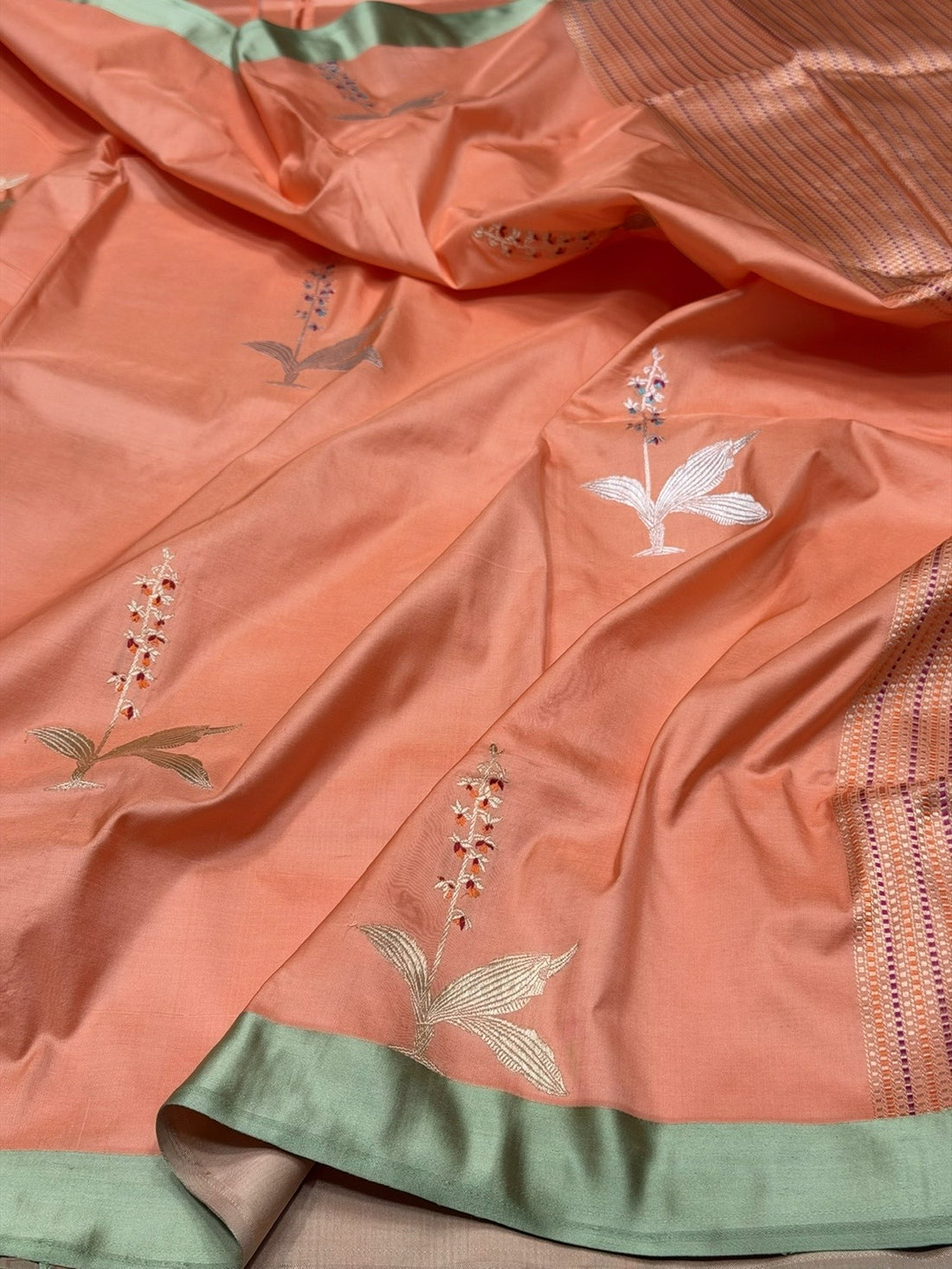 Peach Handwoven Pure Banarasi Satin Border Silk Saree