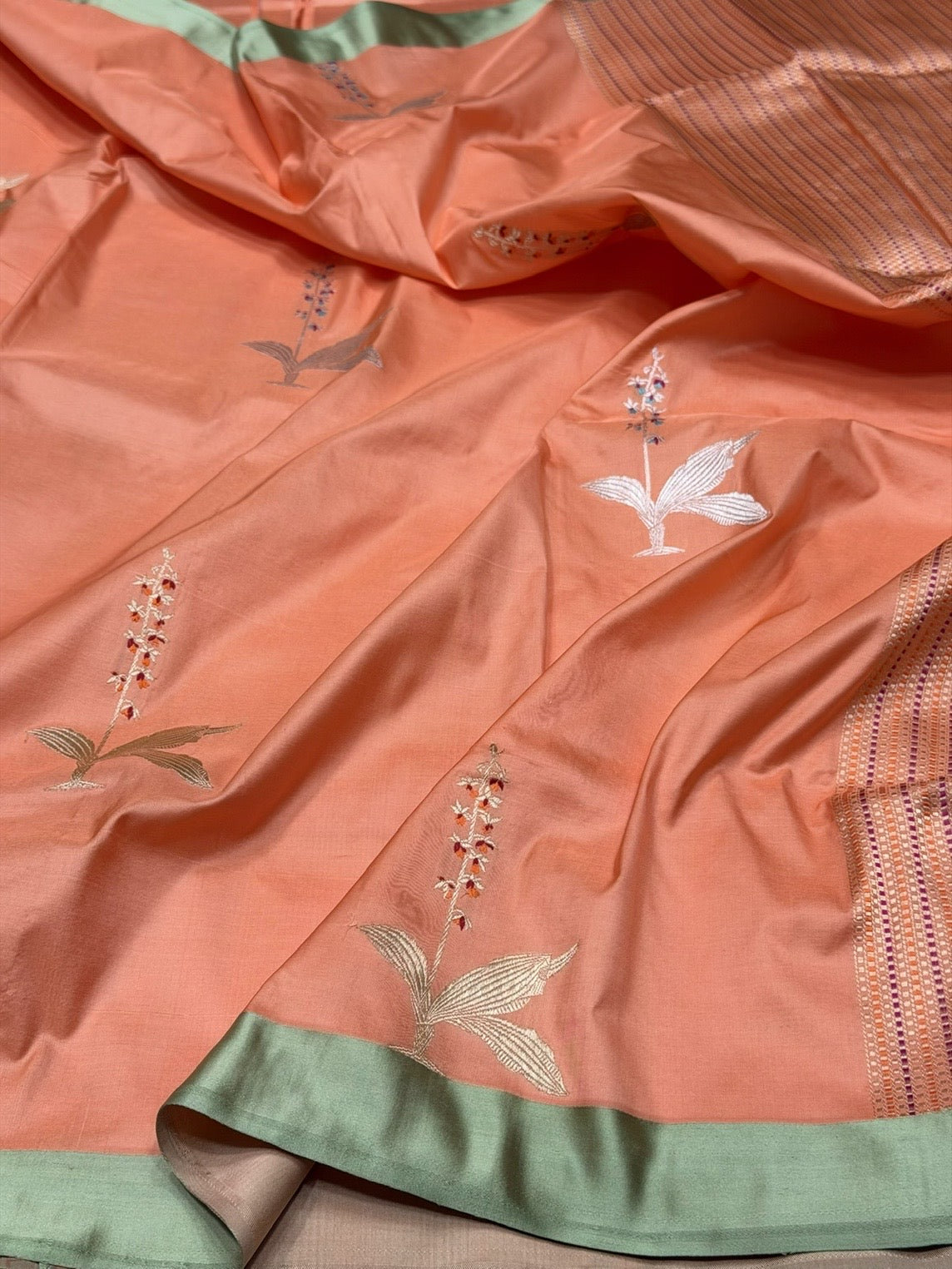 Peach Handwoven Pure Banarasi Satin Border Silk Saree