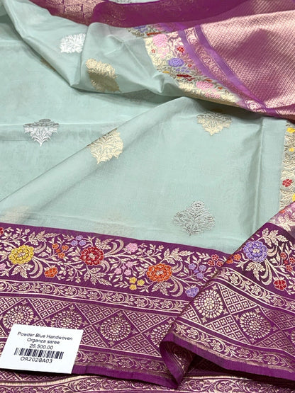 Ocean Blue Handwoven Banarasi Pure Organza Silk Saree