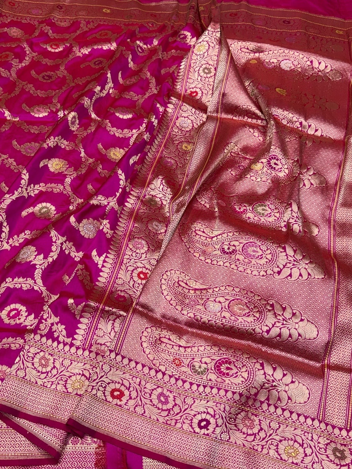 Rani Pink Handwoven Pure Banarasi Silk Saree – Kadwa Weave in 100% Katan Mulberry Silk