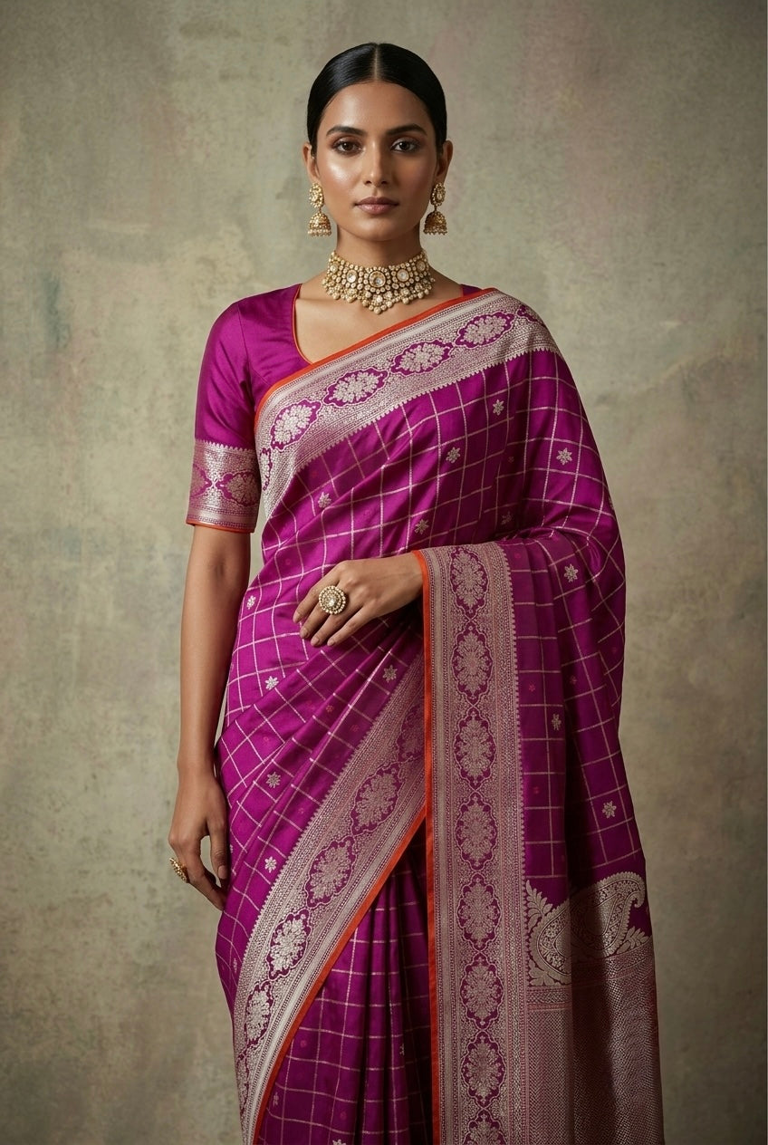 Magenta Pink Handwoven Pure Banarasi Satin Silk Saree – Kadwa Weave, Pure Satin Silk