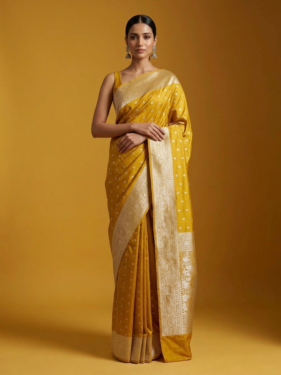 Yellow Handwoven Vintage Pure Banarasi Satin Silk Saree