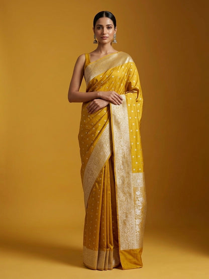 Yellow Handwoven Vintage Pure Banarasi Satin Silk Saree