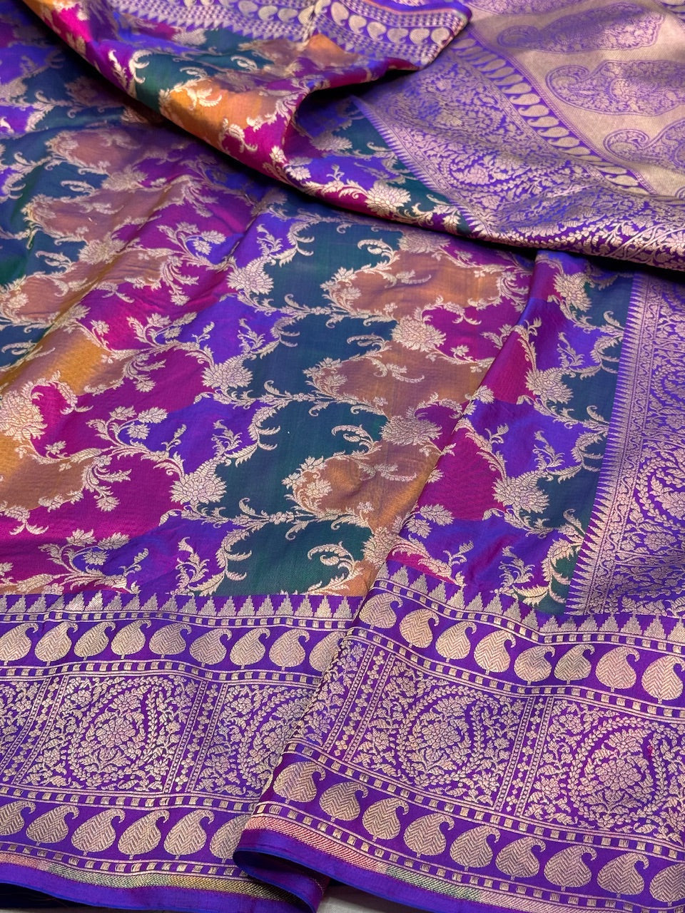 Multicolour Banarasi Pure Silk Saree – Cutwork Weave in 100% Pure Katan Silk