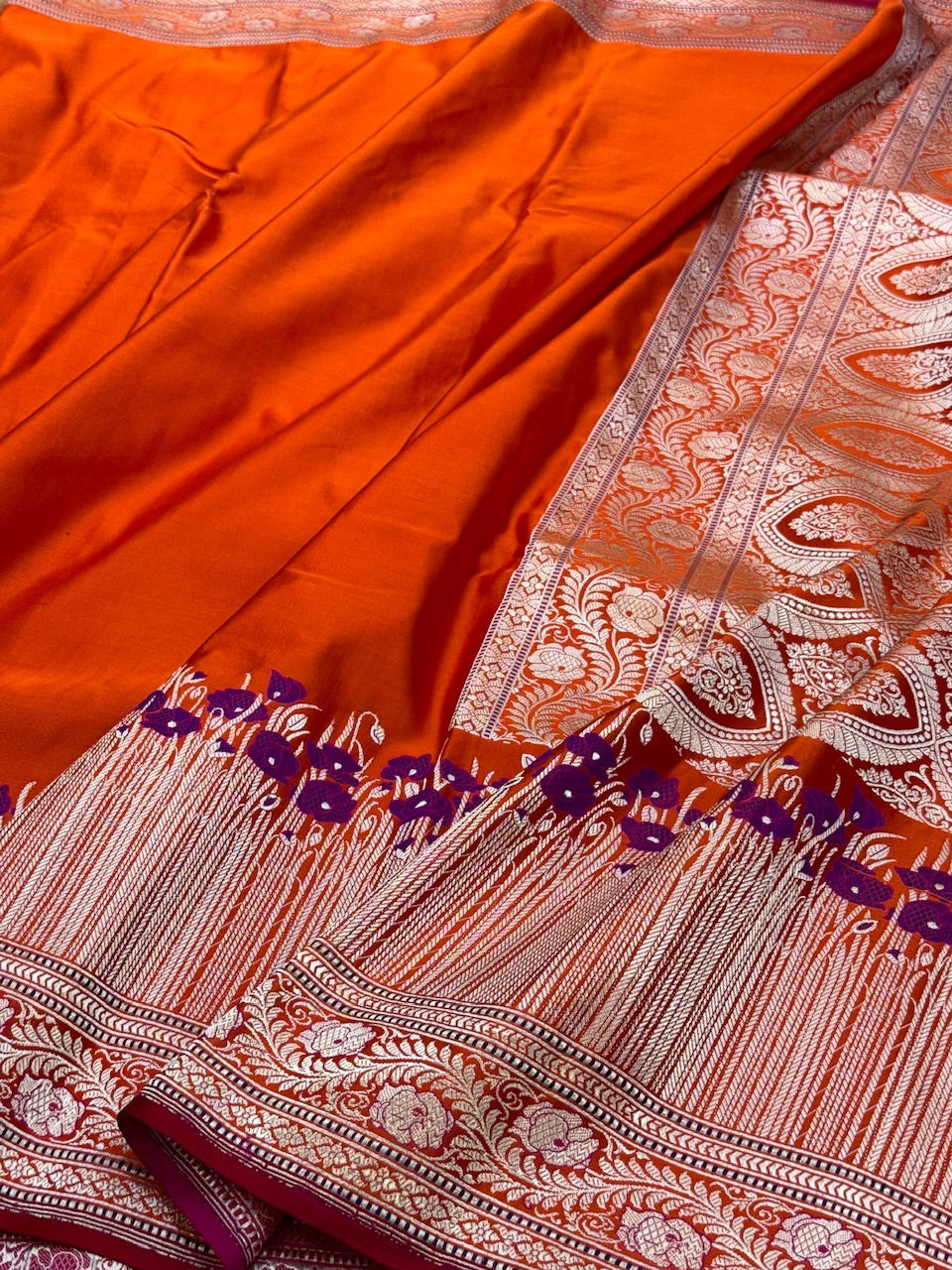 Handwoven Pure Banarasi Satin Silk Saree – Kadwa Weave | 100% Pure Satin Silk | Authentic Banaras Handloom